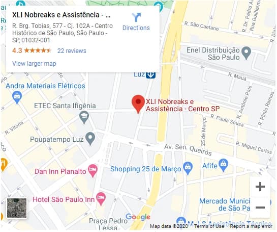 Fachada da loja XLI Centro, revenda de nobreaks e assistência técnica autorizada APC e SMS em São Paulo
